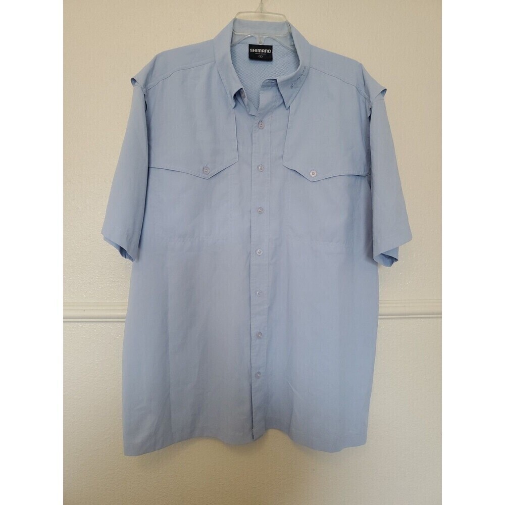 Shimano Fishing Shirt Mens L Large Blue Vented Short Sleeve Button Up Farming